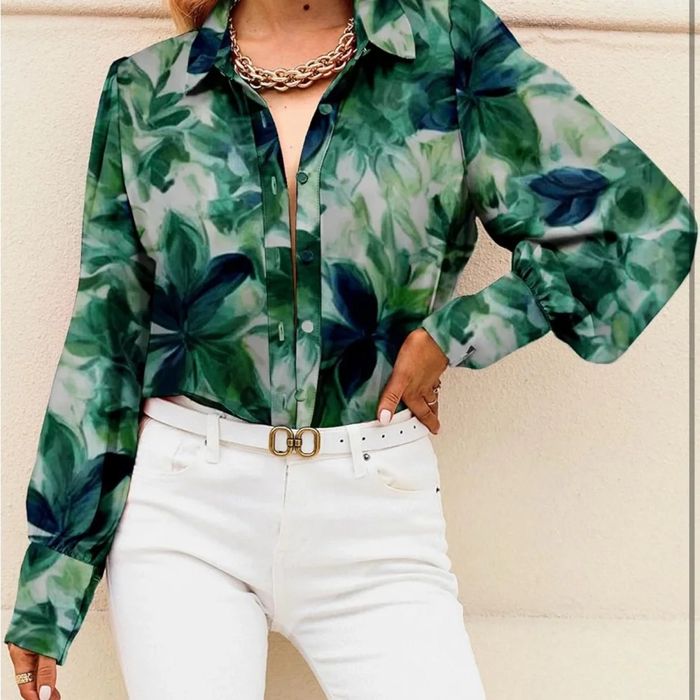 Green Floral Button Down Blouse – Women’s Size Large Long Sleeve Top - Picture 2 of 4